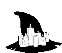 a black and white drawing of a witch 's hat with candles on it .