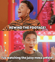 a man in a tiger print jacket is saying rewind the footage