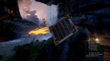 a screenshot of a video game with a waterfall in the background and a toggle panel visible