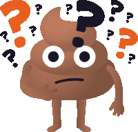 a cartoon drawing of a pile of poop with question marks around it