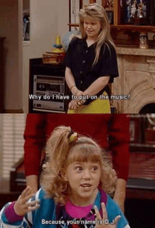 a little girl from full house is talking to a man in a living room .