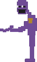 a pixel art of a purple man standing on a white background holding a gun .