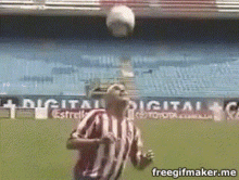 a man in a red and white striped shirt is about to throw a soccer ball in a stadium with an ad for digital