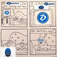 a cartoon shows a man laying on a couch with a digibyte recovery logo on the screen