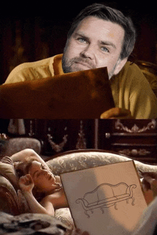 a man laying on a couch with a drawing of a couch