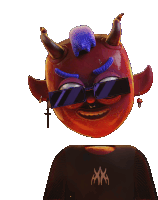 a cartoon devil wearing sunglasses and a black shirt with the letter m on it