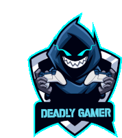 a logo for deadly gamer shows a hooded figure holding a game controller