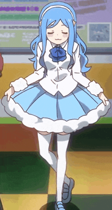 a girl with blue hair is wearing a white dress and white knee high socks