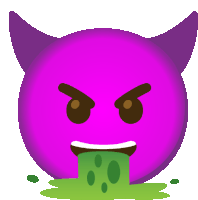 a purple devil with horns is vomiting green liquid out of its mouth