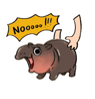 a cartoon drawing of a hippo with a speech bubble saying nooooo