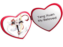 a heart shaped mirror with the words tang xuan my beloved written on it