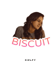 a sticker of a woman with the word biscuit in pink