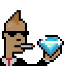 a pixel art of a man smoking a cigarette and holding a diamond in his hand .