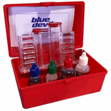 a red box with bottles and measuring cups says blue dev