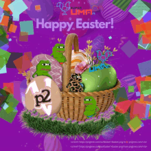 a happy easter greeting with a basket full of easter eggs