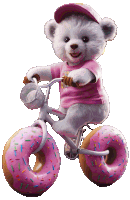 a teddy bear is riding a bike with pink donuts on the front