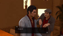 a video game screen shows two men talking and one of them says " kypo "