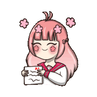 a girl with pink hair is holding a piece of paper with an a+