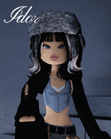 a cartoon girl wearing a fur hat with the name idor on the bottom