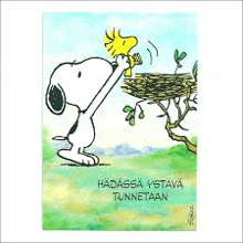 snoopy and woodstock are standing next to each other in front of a nest .