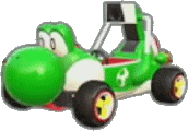 a green and white toy car with a yoshi character on it .