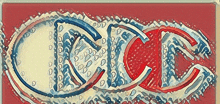 a drawing of a champion shoe with red white and blue letters