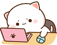 a cartoon cat is sitting at a table using a laptop .