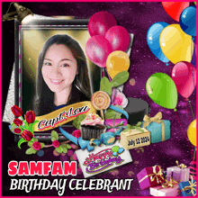 a birthday greeting card for sampam with balloons and flowers