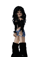 a doll with long black hair is wearing shorts and boots