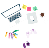 an illustration of a desk with a laptop computer and a game controller