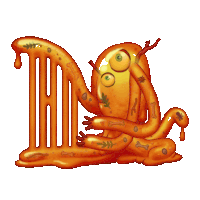 a cartoon drawing of a monster holding a radiator with bones and leaves on it