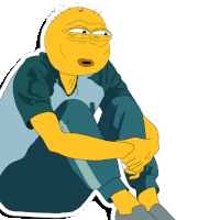 a sticker of a yellow cartoon character sitting down with his legs crossed