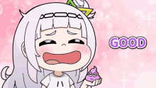 a cartoon girl with white hair is holding a purple poop and the word good is below her