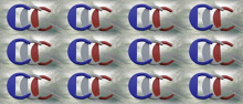 a repeating pattern of red white and blue letters on a silver background