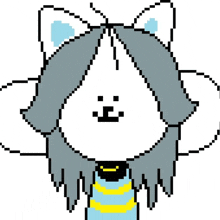 a pixel art drawing of a dog wearing a striped shirt and a bow .