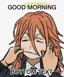 a cartoon drawing of a man with red hair and the words good morning bottom text