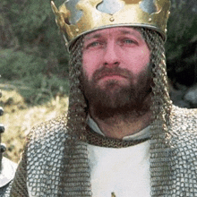 a man with a beard wearing a crown and chainmail