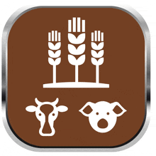 a cow a pig and a wheat icon on a brown button