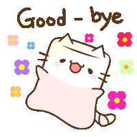 a cartoon cat is wrapped in a pink blanket and the words good bye are above it