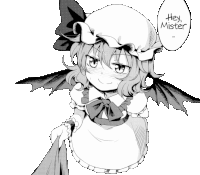 a black and white drawing of a girl with wings and a hat that says hey mister