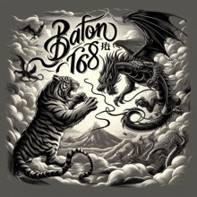 a black and white drawing of a tiger and a dragon with baton 168 written above them