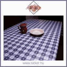 a blue and white checkered table cloth with the website www.tatker.hu below it