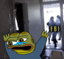 a cartoon of a frog with a fbi sign behind him