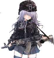 a girl in a military uniform holding a gun with the letter e on it