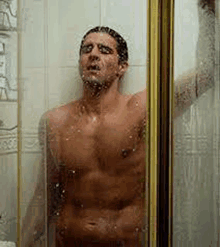 a shirtless man is taking a shower in a shower stall in a bathroom .