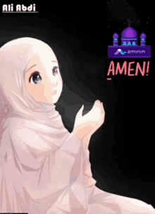 a girl in a hijab is praying in front of a mosque