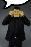 a man in a suit has a yellow face on his head