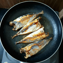 four fish are cooking in a frying pan on a stove top