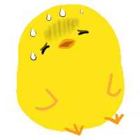 a cartoon drawing of a yellow chicken with sweat coming out of its face