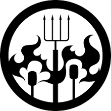 a black and white silhouette of a trident in a circle with flames .